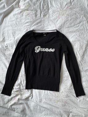 Guess Y2K Black Satin Logo Knit Sweater Top Size XL